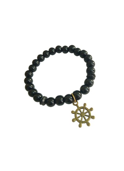 Ship Wheel Charm Black Onyx Beads Bracelet